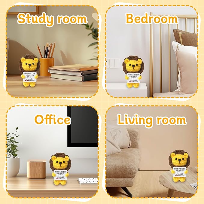 4 inch Positive Lion Handmade Knitted Wool Doll with Positive Card for Cheer Up Emotional Support Encouragement Friends