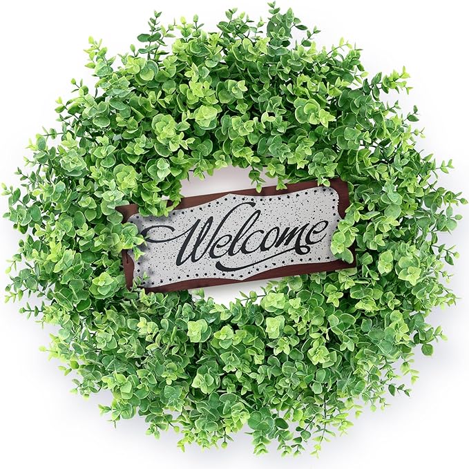 26" Artificial Eucalyptus Wreath with Welcome Sign for Front Door, Porch, Window - Large Faux Eucalyptus Greenery Outdoor Wreath for Home, Farmhouse Decor - Spring, Summer, All Seasons (Green)