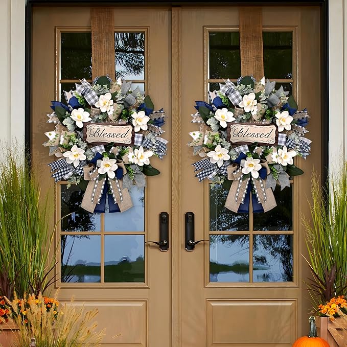 Waipfaru Magnolia Wreaths for Front Door, 22 Inch Spring Summer Wreath with Eucalyptus & Blue Grey Burlap Bow, Year Round Wreaths for Porch Farmhouse Patio Door Decor All Season (2 Pcs)