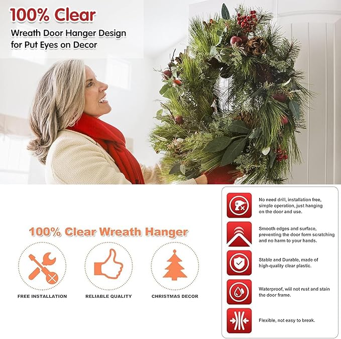 Emopeak 15 Inch Clear Wreath Hangers for Front Door - 2 Pack, Non Scratch Over The Door Hooks Wreath-Door-Hanger Sturdy Over The Door Hooks for Easter Halloween Christmas Decoration