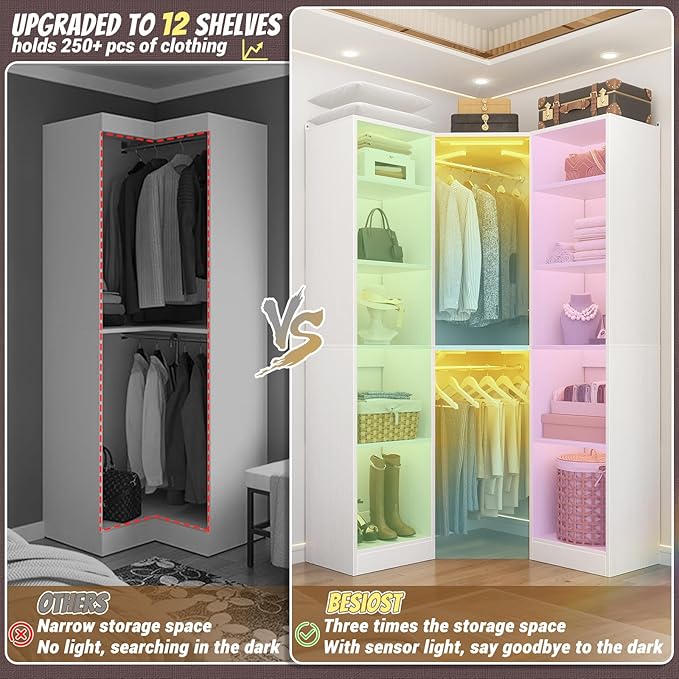 Corner Closet System with 2 Motion Sensor Lights, 39.2" Corner Closet Organizer with 12 Shelves, Closet Corner with 2 Hanging Rods, Versatile 6-Tier Walk-in Closets for Corner Space, White