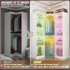 Corner Closet System with 2 Motion Sensor Lights, 39.2" Corner Closet Organizer with 12 Shelves, Closet Corner with 2 Hanging Rods, Versatile 6-Tier Walk-in Closets for Corner Space, White