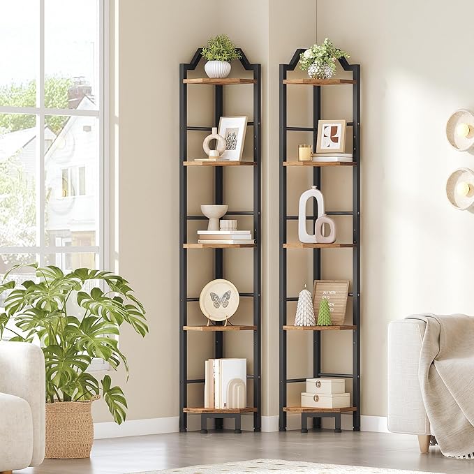 HOOBRO Narrow Corner Shelf Stand, 5-Tier Corner Shelf, 63” Tall Multipurpose Corner Bookshelf, Standing Display Shelf Plant Stand, for Living Room, Study, Kitchen, Rustic Brown and Black BF100CJ01