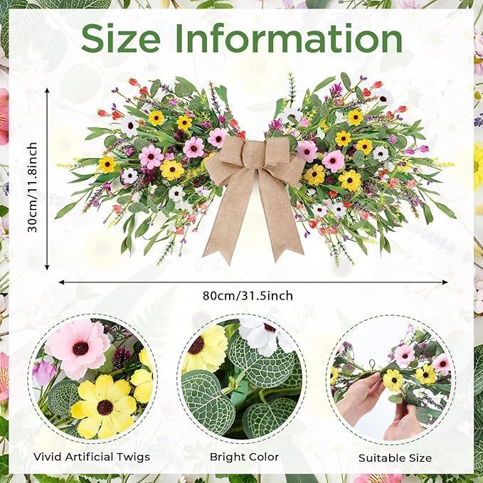24inch Floral Swag Artificial Spring Lavender Daisy Swag with Wildflower Wisteria Front Door Twigs Leaves Flower Decorative Swag for Farmhouse Wedding Arch Party Wall Home Indoor Outdoor Holiday Decor