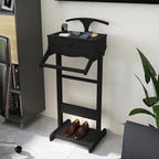 Men's Valet Stand with Tray, Black Wood Clothes Stand, Freestanding Garment Rack Organizer for Enterway, Office, Bedroom