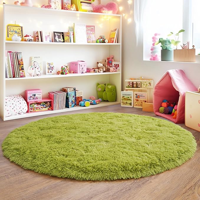 3'x3' Grass Green Round Rug for Bedroom, Ultra Soft Fluffy Circle Rug for Kids Girls Boys Room, Cute Small Shag Rugs for Living Room Playroom Tent Castle Home Decor Rug