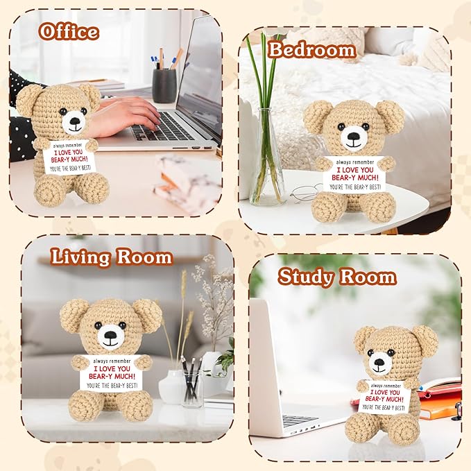 WELLBANEE Mini Crochet Bear Gifts for Her Him, Wife Husband Girlfriend Boyfriend I Love You Gift, Crochet Stuffed Animal, Anniversary Birthday Gifts, Handmade Bear Small Stuff Things
