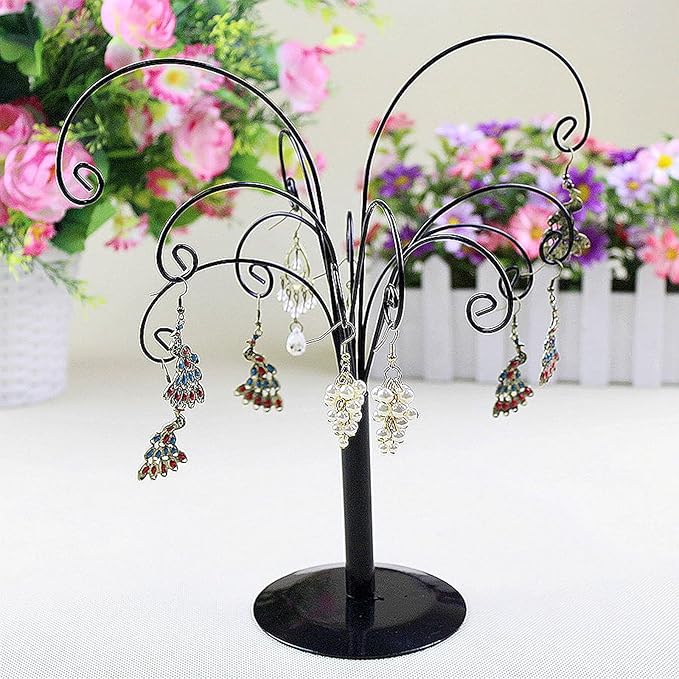 10.6 inch Ornament Tree Display Stand Rotating Decor, Decorative Black Metal Tabletop Display Stand Features Multiple Hooks, Display Rack for Ornaments Glass Globes Balls and Small Craft Items (2PCS)