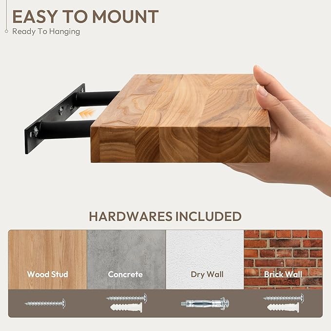 Marsmiles 16 inch Floating Shelves for Wall Solid Elm Wood Shelves|Rustic Wall Shelves with Heavy-Duty Invisible Bracket for Bathroom Living Room Kitchen|Natural, 2 Pack