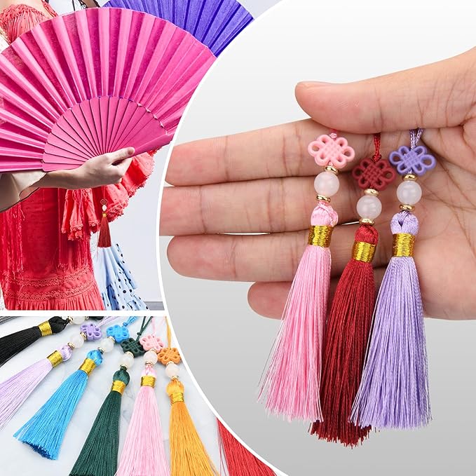 Beautyflier 24PCS Chinese Knot Tassel Pendant for Phone Case, Mini Mala Tassels with Hanging Loop, Jade Beads and Charms for Home Office Decor, Car Hanging Decoration, Graduation (8 Colors #2)