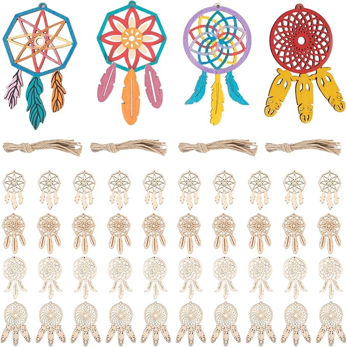 Framendino, 40 Pack Wooden DIY Dream Catchers Kits Decorative Hanging Ornaments to Paint for Home Tree Decor