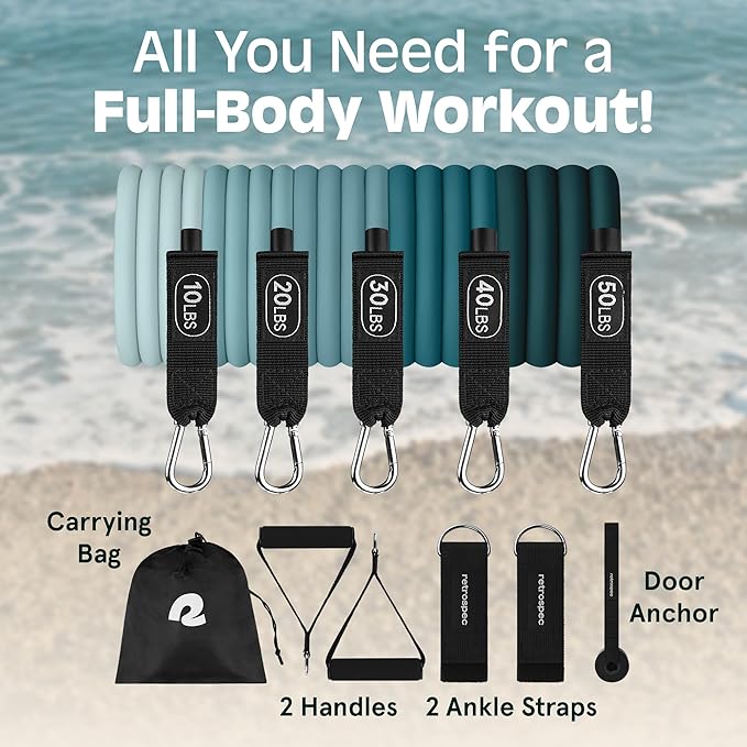 Retrospec Train Resistance Bands Set for Working Out - 5 Stackable Bands, Handles & Door Anchor - Portable Fitness Equipment for Physical Therapy & Yoga Includes Carry Bag