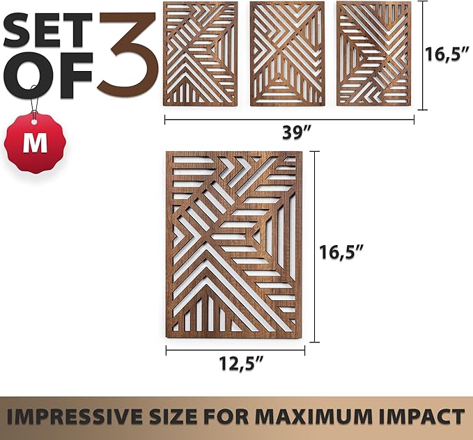 qmmp Modern Wooden Wall Sculptures - Set of 3 - Home Decor Accent - Large Wall Art for Living Room, Bedroom, Office - Easy Installation (Walnut, Medium - Direction)