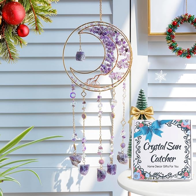 Dream Catchers Tree of Life Dream Catcher Amethyst Crystal Dreamcatcher Wall Decor with Healing Crystal Stone & Fluorite Wall Art Hanging for Bedroom Home Decor Bless Gift Wedding Garden-Purple