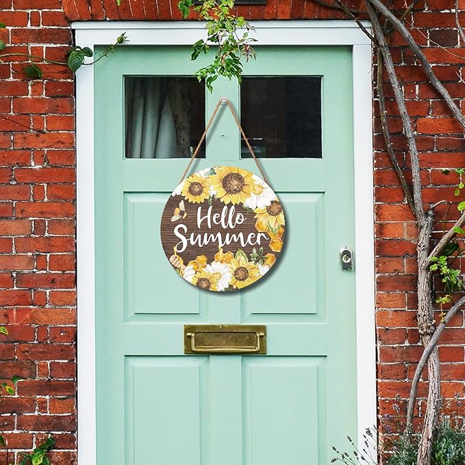 Hello Summer Sign 12 x 12 Inch Summer Themed Sunflower Welcome Sign Front Door Decor Farmhouse Porch Decoration Sunflower Round Wooden Hanging Sign for Home Garden Farmhouse Yard