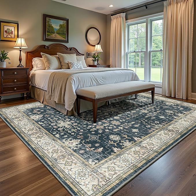 Lessymo 9x12 Area Rugs for Living Room, Large Stain Resistance Washable Rug for Bedroom Dining Home Office, Soft Non-Slip Vintage Floral Oushak Carpet, Boho Moody Farmhouse Decor, Black Brown