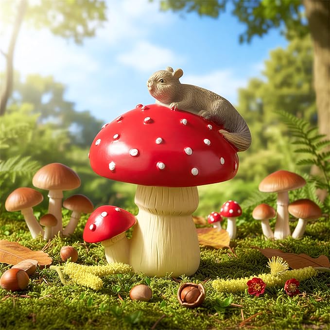 Squirrel Mushroom Resin Statue - Cute Squirrel Mushroom Statue for Desk Living Room Resin Figurine for Home Patio Office Decoration Cute Plant Statues for Tabletop Garden Backyard Decoration