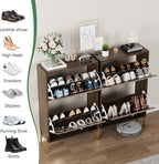 Shoe Storage Cabinet with Textured Diagonal Lines Doors 2 Flip Drawers, Walnut Narrow Shoe Cabinet Storage for Entryway, Freestanding Shoe Organizer Cabinet, Slim Shoe Rack Cabinet