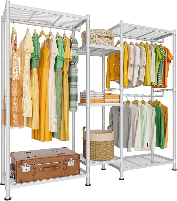 LEHOM G6M Heavy Duty Clothes Rack for Hanging Clothes, Portable Garment Rack Compact Size Closet Organizer, Freestanding Metal Clothing Rack Wardrobe Closet with Storage Shelves for Bedroom, White