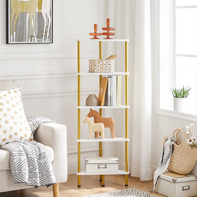 HOOBRO Corner Shelf Stand, Industrial 5-Tier Wall Corner Bookshelf with Metal Frame, Plant Display Shelf, Bookcase for Small Spaces, Bedroom, Living Room, White and Gold DW33CJ01