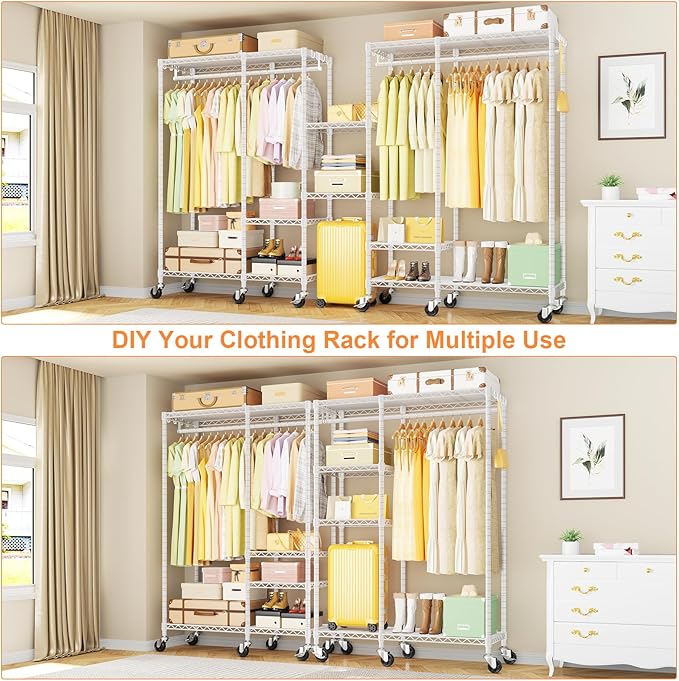 Ulif F4R Heavy Duty Clothes Rack（With Lockable Wheels ） Rolling Clothing Racks for Hanging Clothes，Adjustable Closet Organizer System，Portable Garment Rack 45"W x 15.8"D x 73.5"H，Max Load 650LBS，White
