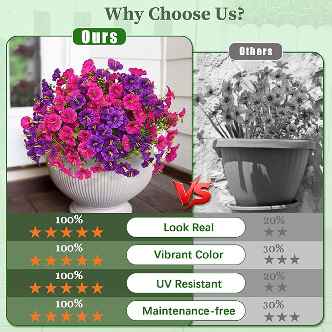 MARTINE MALL 24 Bundles Look Real Artificial Flowers for Outdoors, Realistic Fake Outdoor Flowers, UV Resistant Silk Petunia Flowers for Outside Faux Flowers Plants for Outdoor Porch, Purple+Fuchsia