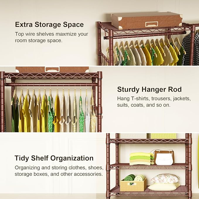 Ulif E1 Heavy Duty Closet Garment Rack, 6 Tiers Adjustable Metal Freestanding Expandable Clothing Storage with 4 Hanger Rods, Easy to Assemble Wardrobe, 71.4" H x (70" - 88.2") L x 14" D, Bronze