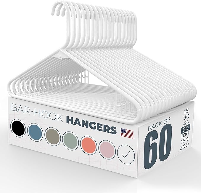 Neaties Plastic Hangers 50 Pack (60 Count) – Made in The USA – 6lb Capacity Standard Clothes Hangers with Strap Hooks for Dresses, Lingerie, Shirts, Pants, and Jackets – White