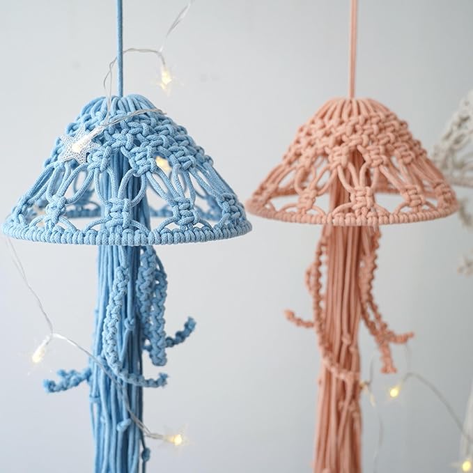 Macrame Wall Hanging,Jellyfish Dream Catcher with Star Lights,Bohemian Woven Wall Art Decor Beautiful Apartment Dorm Room Door Decoration (Pink)