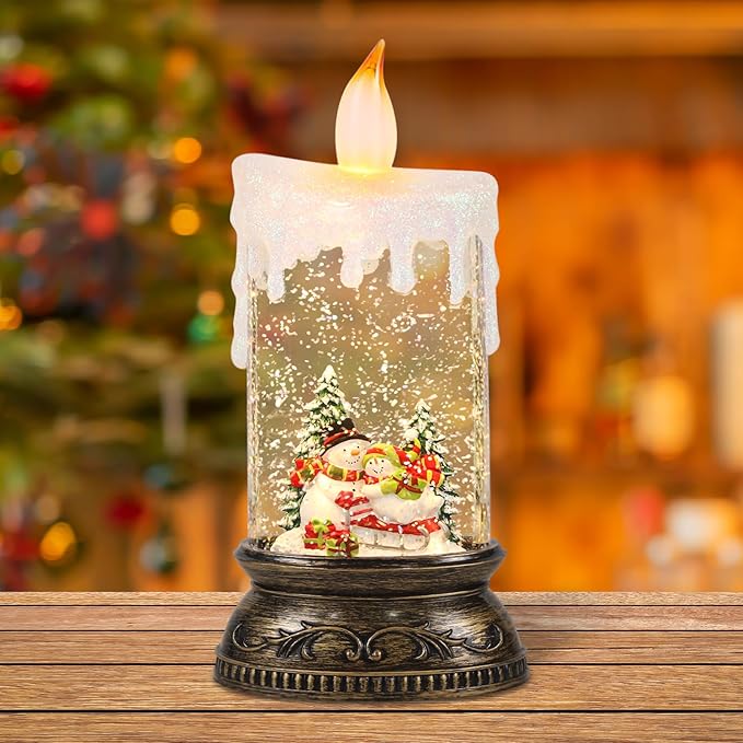 Wondise Rechargeable Musical Snow Globe Lantern with 6H Timer, Battery Operated USB Powered Lighted Snow Globe Lamp Spinning Water Swirling Glitters Holiday Decor Snowman