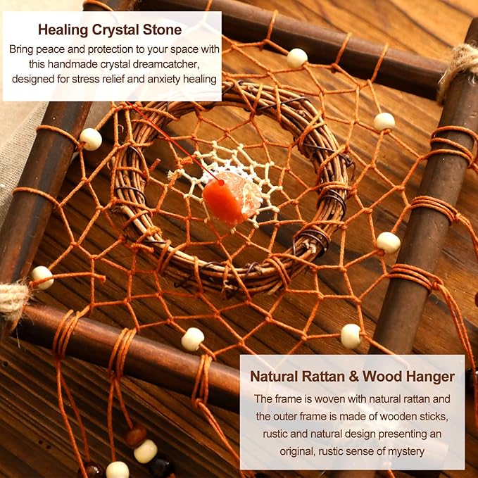 Dream Catcher Native American Boho Dreamcatcher Rattan Wood Wall Decor, Handmade Natural Dream Catchers with Healing Crystal Stone Feathers Ornament Indian Decor for Bedroom Living Room