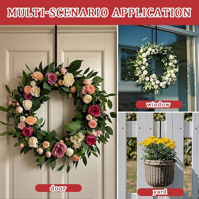 15" Wreath Hangers for Front Door,4 Pack Wreath Door Hanger,Non Scratch Over The Door Hooks Halloween Christmas Easter Decorations Welcome Sign for Front Door Décor, Slim Hangers (Black-4 Pack, 15 in)