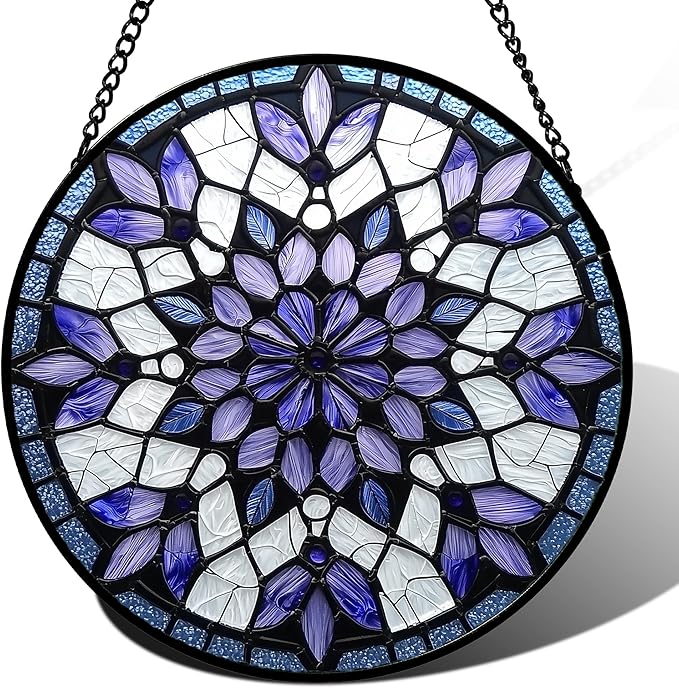 Stained Glass Window Hanging, Purple Blue Tiffany Style Flowers Sun Catcher for Window Door Home Decor Suncatcher Christmas Mother's Day Birthday Gifts for Women Men Mom Nana 15 in