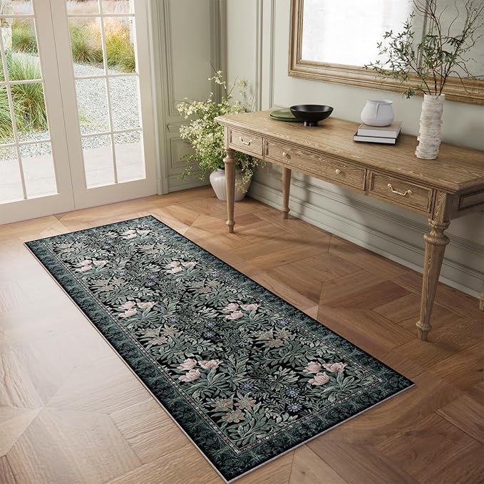 Washable Runners for Hallways Area Rugs 2x6 Black Green Vintage Floral Botanical Pattern Perfect for Soft Hallway Rug Carpet for Kitchen Bedroom Bathroom Laundry Room