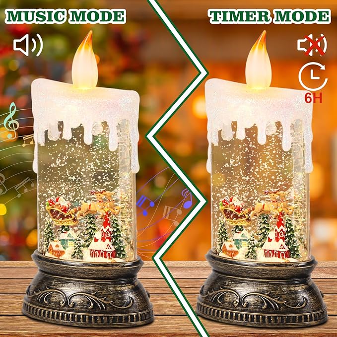 Eldnacele Christams Music Snow Globe Lantern with 6H Timer, Battery Operated & USB Powered Lighted Snowman Sleigh Deer Singing Snow Globe Candle Lamp Spinning Water Glitters Festival Gift Xmas Decor