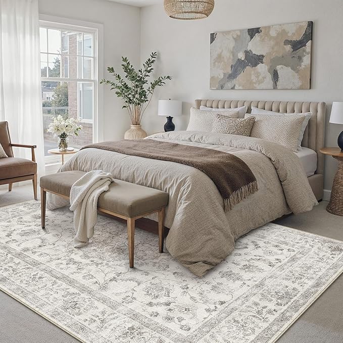 5x7 Area Rug Gray Washable Living Room Vintage Carpet Bedroom Non Slip Soft Low Pile Soft Thin Dining Room Office Accent Throw Rug