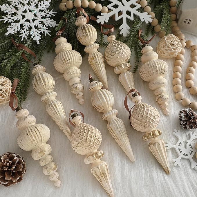 Yunlly 9 Pcs Neutral Christmas Ornaments Textured Christmas Tree Decor with Hanging Loop Modern Brown Hanging Ornaments Finial Shatterproof Decor for Xmas Vintage Rustic Farmhouse (Retro White)