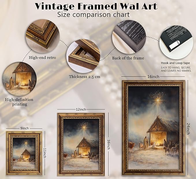 Vintage Nativity Scene Gold Framed Wall Art Birth of Jesus Christmas Christian Painting Canvas Prints Mary Joseph Holy Family Picture Star of Bethlehem Poster Artwork for Church Prayer Room, 9x11in