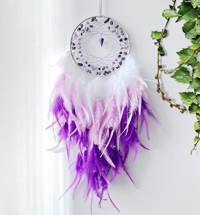 Purple Dream Catchers, Handmade Traditional Circular Net with Lucky Crystal Stones, Perfect Wall Hanging for Home Decor, Girl’s Bedroom, Art Ornament Craft Gift (Purple and Pink)