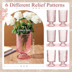 6 Pcs (H:7" W:4") Embossed Flower Vase Pedestal Glass Vase Big Base Thickened Crystal Vintage Vases for Valentines Day Wedding Home Decor Table Centerpiece House Warming Gifts(Pink)