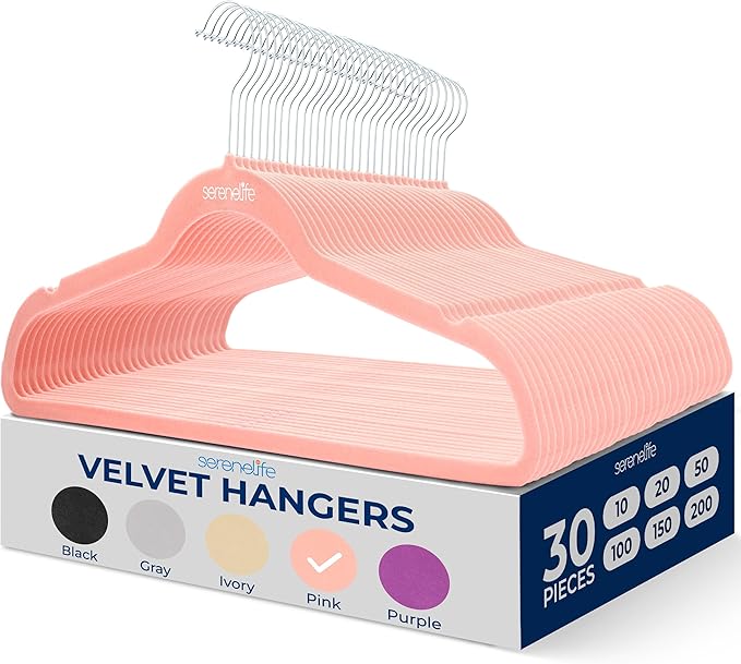 SereneLife 30 Pcs Pink Velvet Clothes Hangers - Non-Slip, Heavy Duty Hanger Set with 360° Swivel Hook, 10 lbs Weight Capacity, Lightweight, Ultra-Thin, Wrinkle-Free, Perfect for Closet Organization