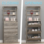 Shoe Cabinet with 3 Flip Drawers & Coat Rack, Narrow Hidden Shoe Storage Cabinet, 2-in-1 Hall Tree Slim Freestanding Shoe Rack Organizer for Entryway, Hallway, and Living Room