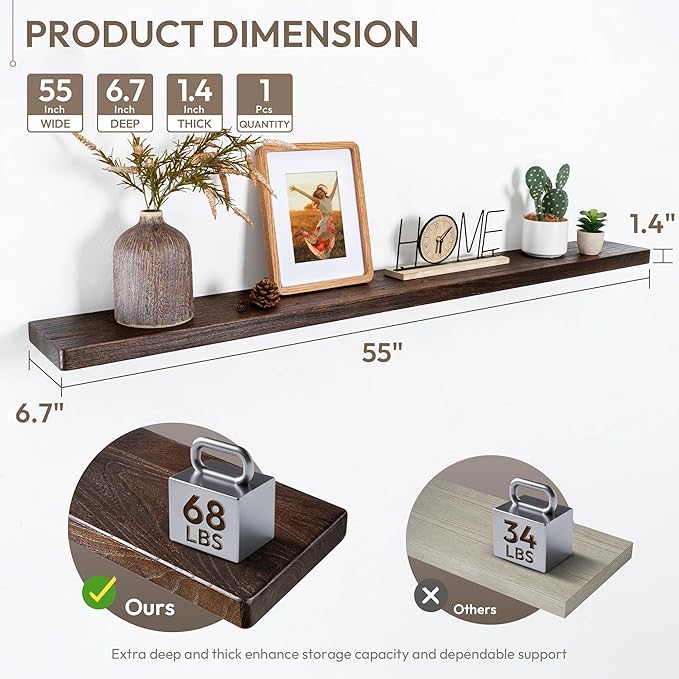 Marsmiles 55 inch Floating Shelves for Wall Solid Elm Wood Wall Mounted Shelves|Rustic Long Floating Shelves with Invisible Bracket for Bathroom Kitchen|Rounded Edge|Walnut, 1 Pack