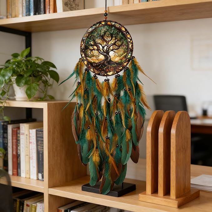 Dream Catcher Wall Hanging Decor for Bedroom Aesthetic, Handmade Traditional Wall Art with Feathers for Living Room, Nursery, Good Vibes Gift for Women,Girls,Home Decoration Wedding Party (Old Tree)