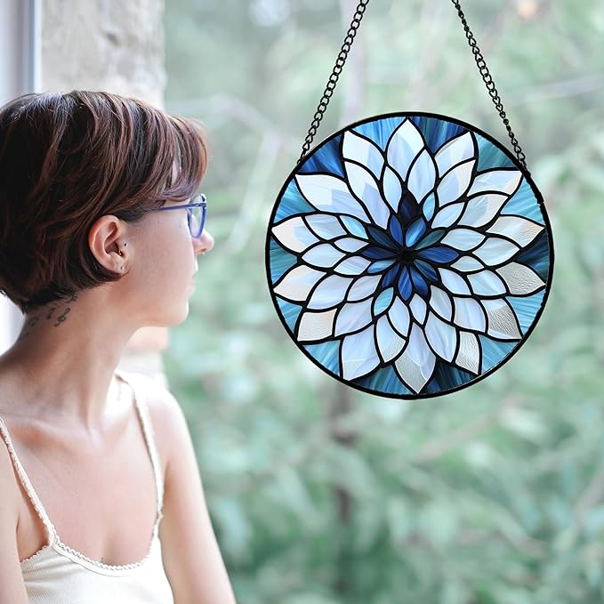 Stained Glass Suncatcher, Blue White Multi-Petal Flowers Sun Catcher Landscape Stain Glass Window Hanging Decoration Mother's Day Birthday Gifts for Women Men Mom Nana 7.8 in
