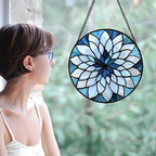 Stained Glass Suncatcher, Blue White Multi-Petal Flowers Sun Catcher Landscape Stain Glass Window Hanging Decoration Mother's Day Birthday Gifts for Women Men Mom Nana 7.8 in