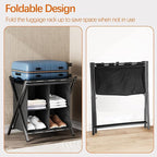 Luggage Rack for Guest Room, Set of 2, Folding Suitcase Stand with Fabric Storage Shelf, Luggage Holder, Steel Foldable Luggage Stand for Guest Room, Bedroom, Hotel, Black