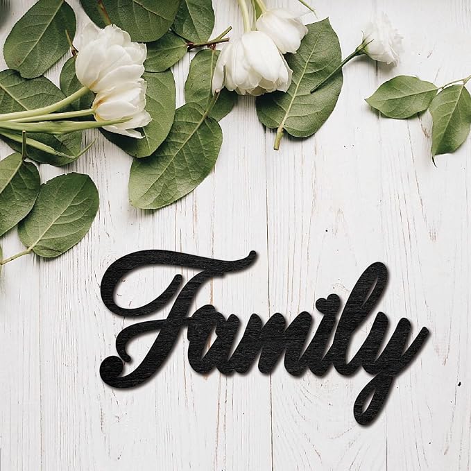 CREATCABIN Family Wood Cut Decor Laser Cut Sign Wooden Door Sign Wall Hanging Decoration Unfinished Color DIY Crafts New House Door Display Gift for Friends New Couple Housewarming Black 11.9x6.3 Inch
