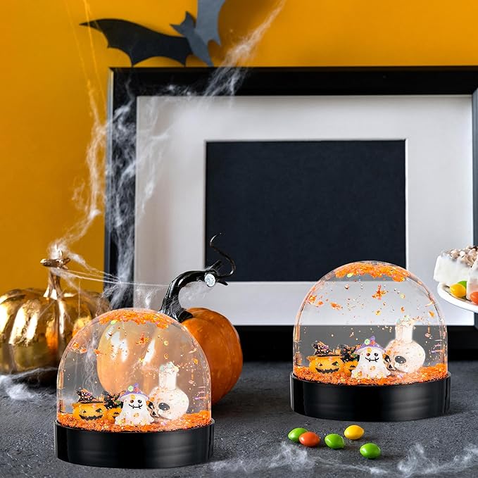 Halloween Snow Globe Craft Kit - 8 Set DIY Plastic Snow Globe Craft with Mini Resin Ghost Haunted House, Make Your Own Party Decor with Glitter for Classroom Activity Gifts (Halloween)