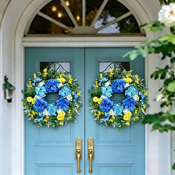 26 Inch Spring Wreaths for Front Door Outside Large Artificial Summer Wreath Silk Hydrangea Wreath with Yellow Daisy and Eucalyptus Leaves Indoor Outdoor Porch Rustic Farmhouse Home Wall Wedding Decor